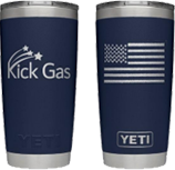 A blue cup with the words " kick gas " and an american flag on it.