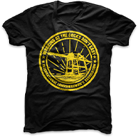 A black t-shirt with yellow lettering and an image of a crane.