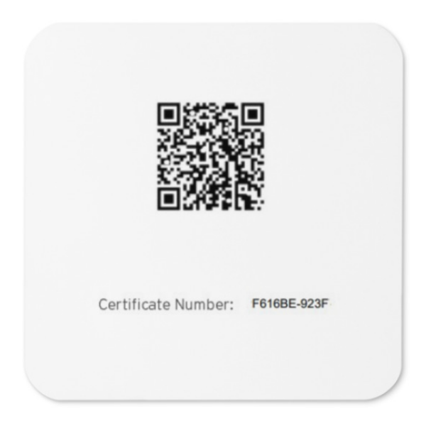 A square white card with a qr code on it.