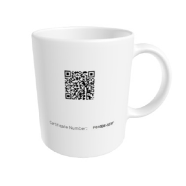 A white mug with an image of a qr code.