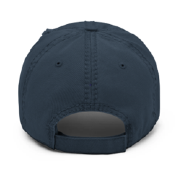 A navy blue hat with an image of the back of it.