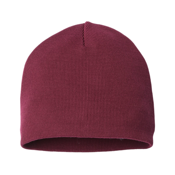 A maroon beanie hat is shown from the front.