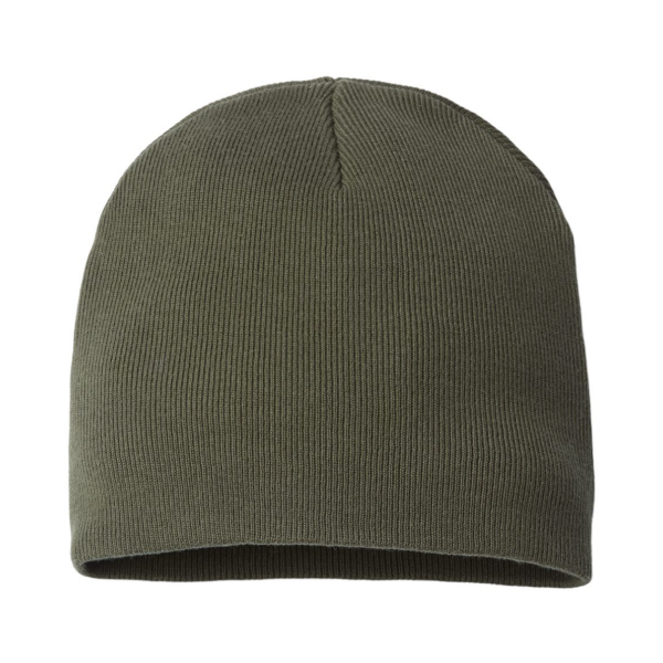 A green beanie hat with a white logo on it.