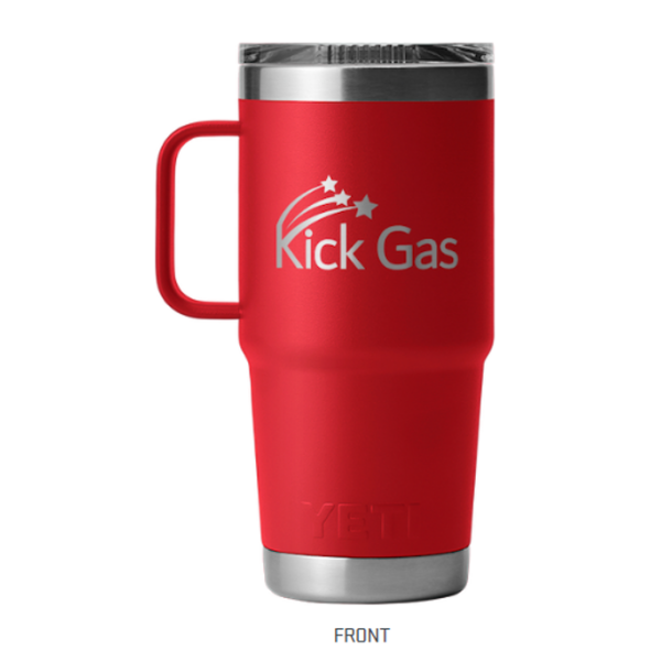 A red cup with handle on the side.