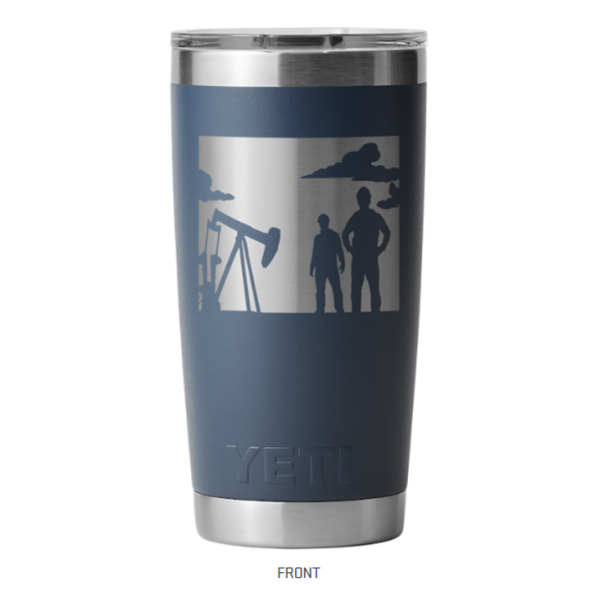 A blue yeti tumbler with a picture of two men and an oil well.