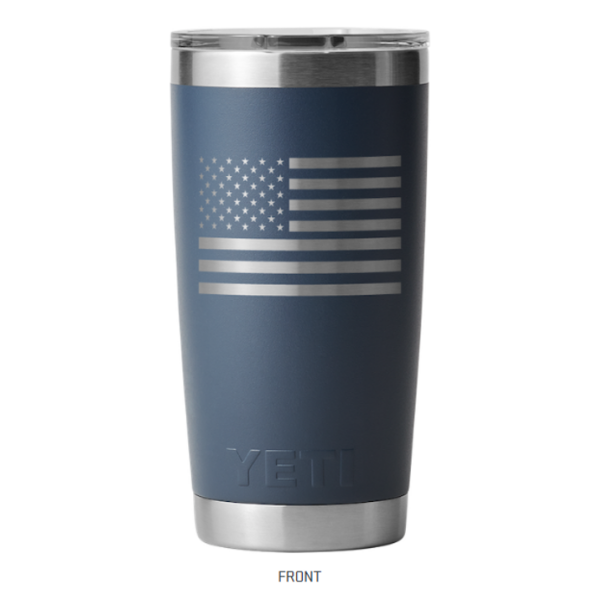 A blue cup with an american flag on it