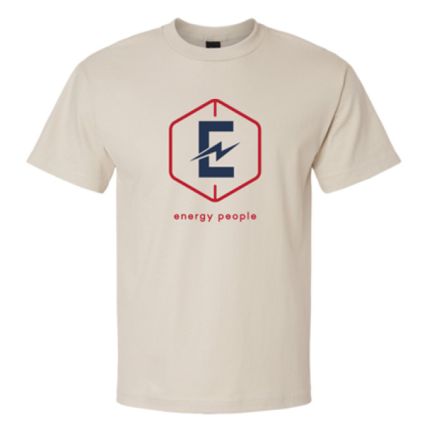 A beige t-shirt with an energy people logo on it.