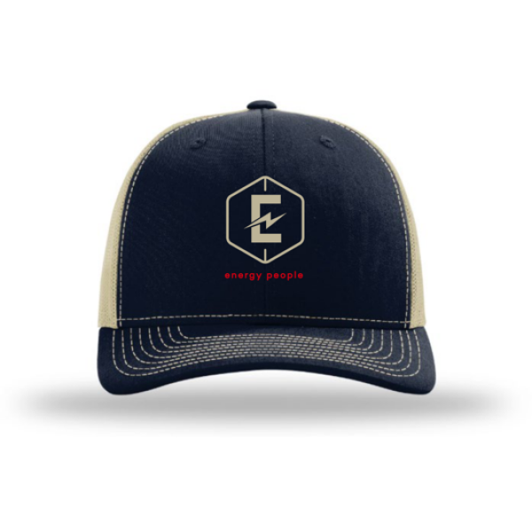 A black and tan hat with the company logo.