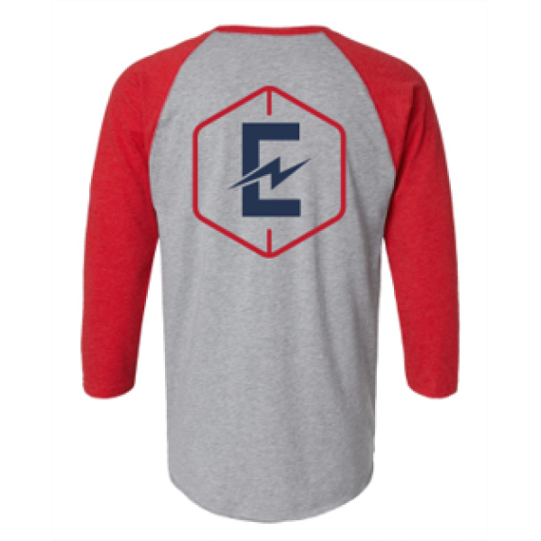 A red and gray baseball shirt with the letter c on it.