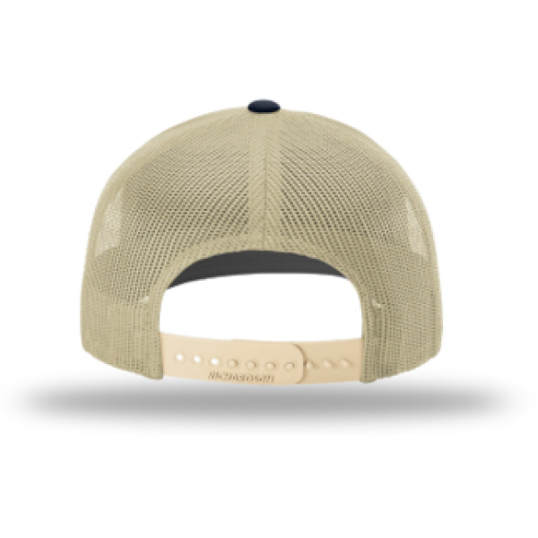 A tan and black hat with a white logo on it.