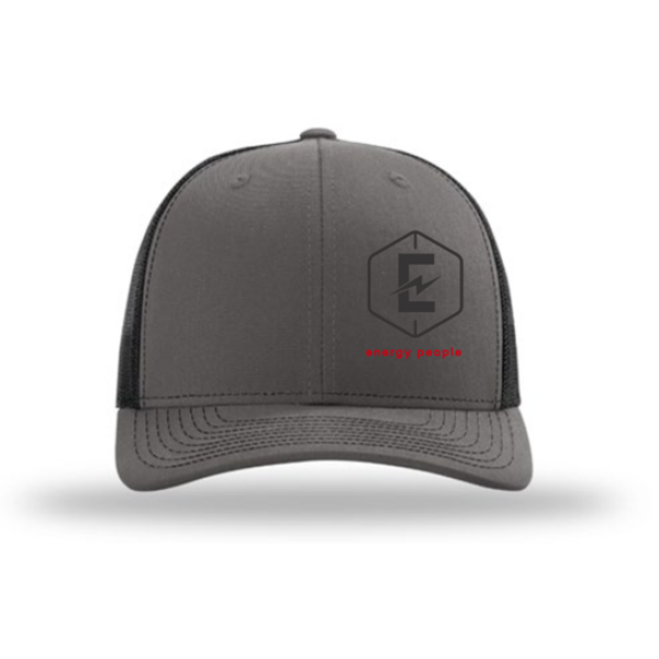 A gray and black hat with the letter e on it.