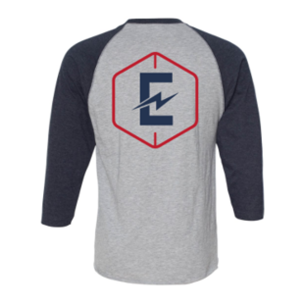 A gray and black baseball shirt with the letter e on it.