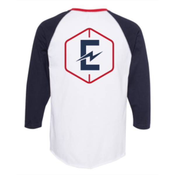 A baseball shirt with the letter e on it.