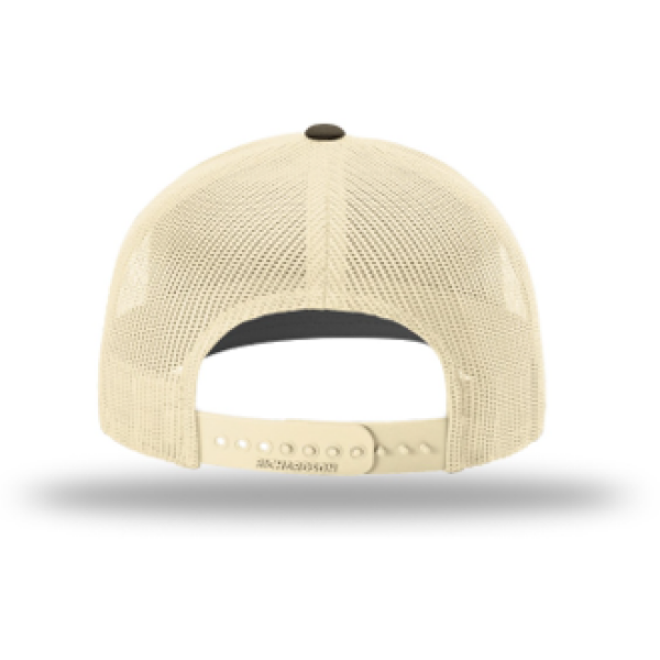 A beige hat with a black and white logo on it.