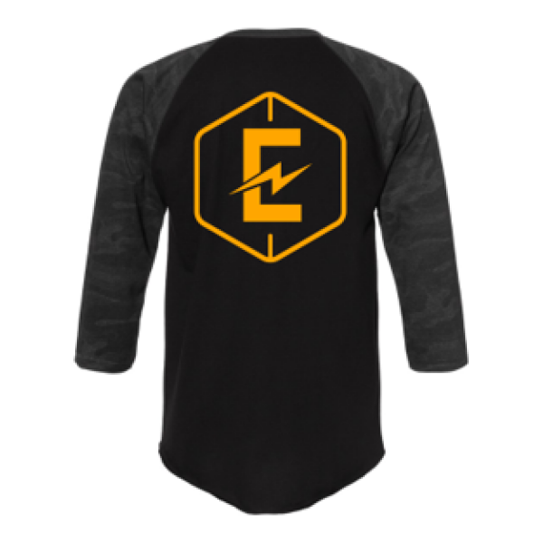 A black and yellow baseball shirt with the letter e on it.