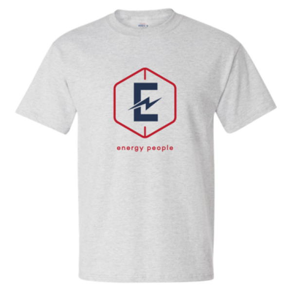 A white t-shirt with an energy people logo on it.