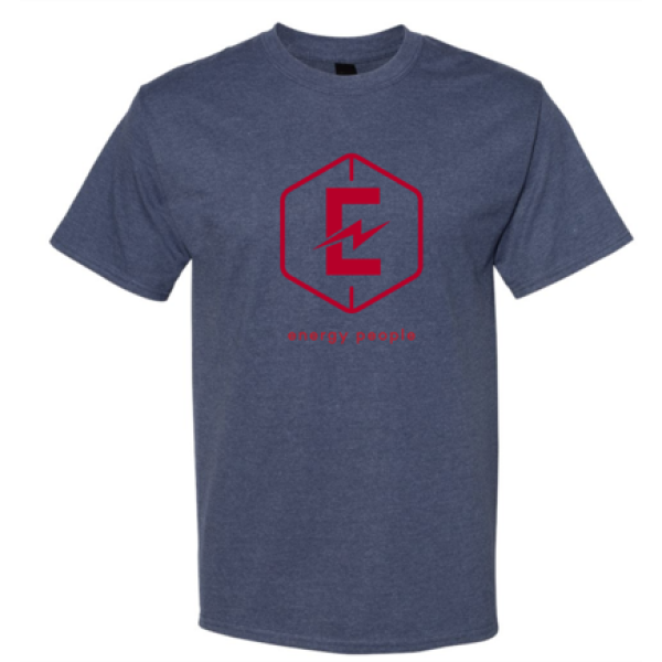 A blue t-shirt with the letter e in red.