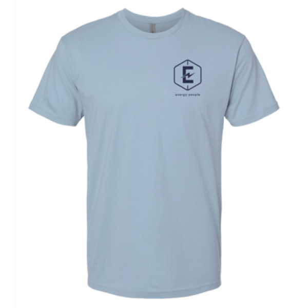 A light blue t-shirt with the letter e on it.