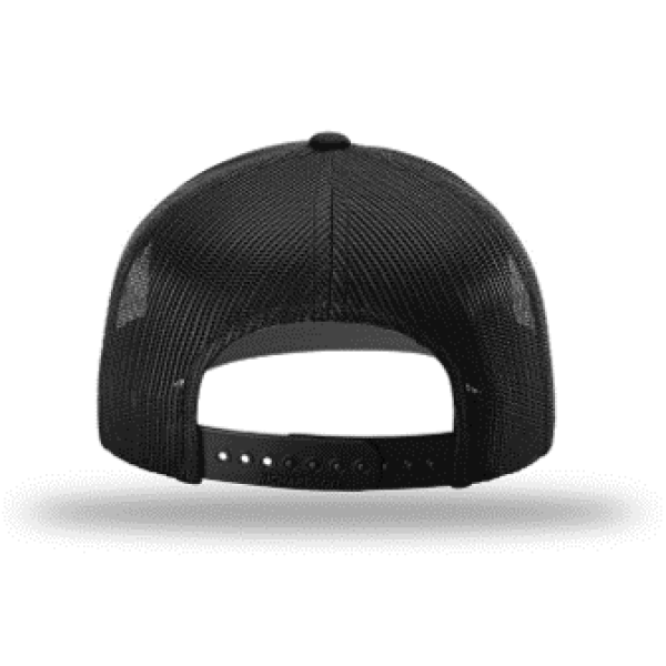 A black hat with a white logo on it.