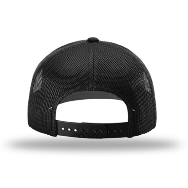 A black hat with a white logo on it