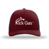 A red and black hat with the words kick gas on it.