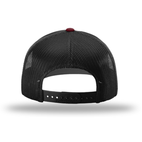 A black and red hat with a white logo on it.