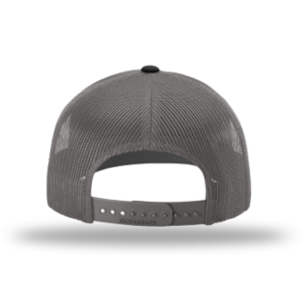 A gray hat with a black and white logo on it.