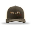 A brown and white hat with the words rig life energy people on it.