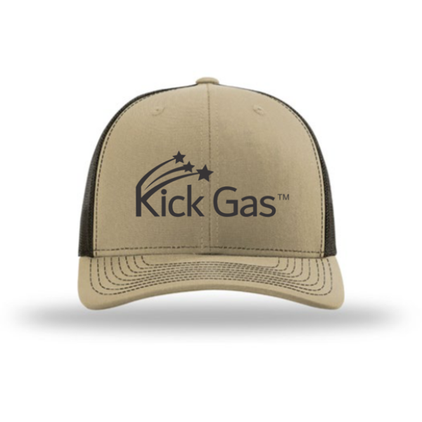 A tan and black hat with kick gas logo.