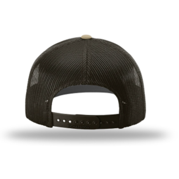 A black and tan hat with a white patch on the back.