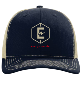 A navy blue and beige hat with the energy people logo.