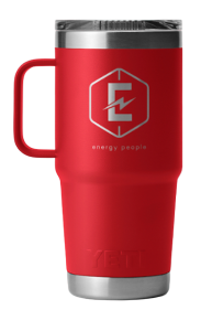 A red cup with the energy people logo on it.