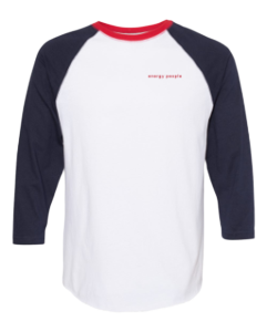 A white shirt with black sleeves and red lettering.