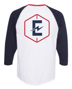 A baseball shirt with the letter e on it.