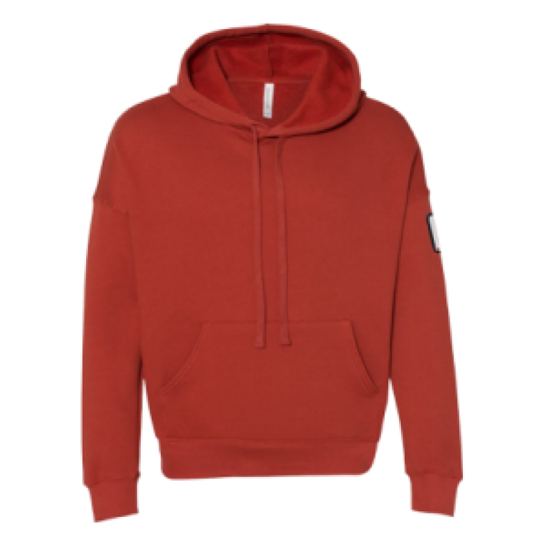 A red hoodie with a patch on the sleeve.