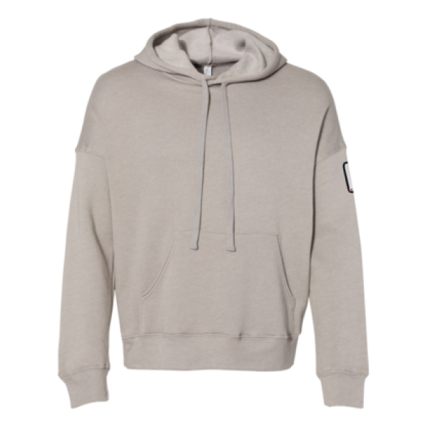 A light gray hoodie with a patch on the chest.