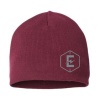 A maroon beanie with the letter e on it.