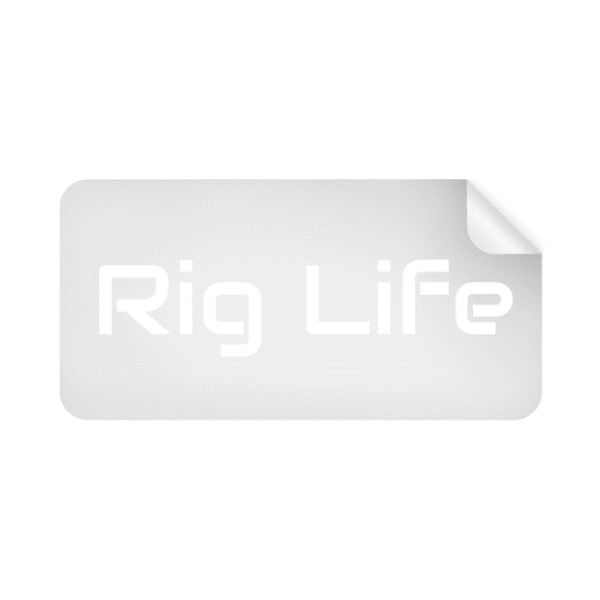 A white sticker that says rig life on it.