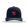 A black hat with a red and blue logo on it.