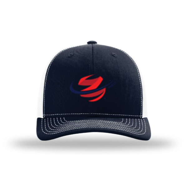 A black hat with a red and blue logo on it.