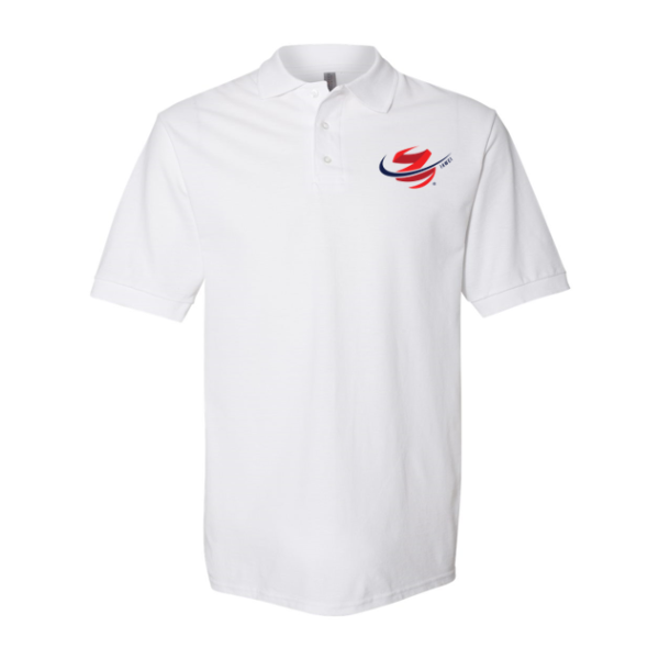 A white polo shirt with an image of nike swoosh.