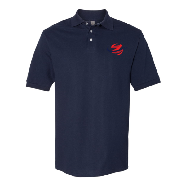 A navy blue polo shirt with red and white logo.