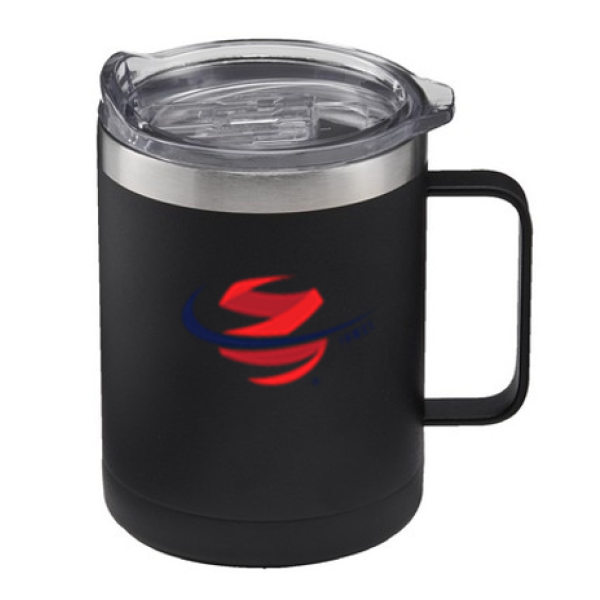 A black mug with a lid and handle.