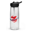 A water bottle with a black lid and red, white and blue design.