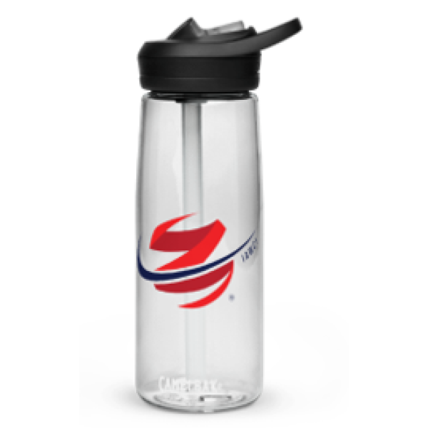 A water bottle with a black lid and red, white and blue design.