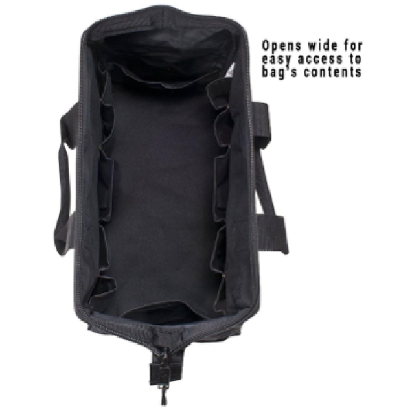 A black bag with a zipper and several compartments.