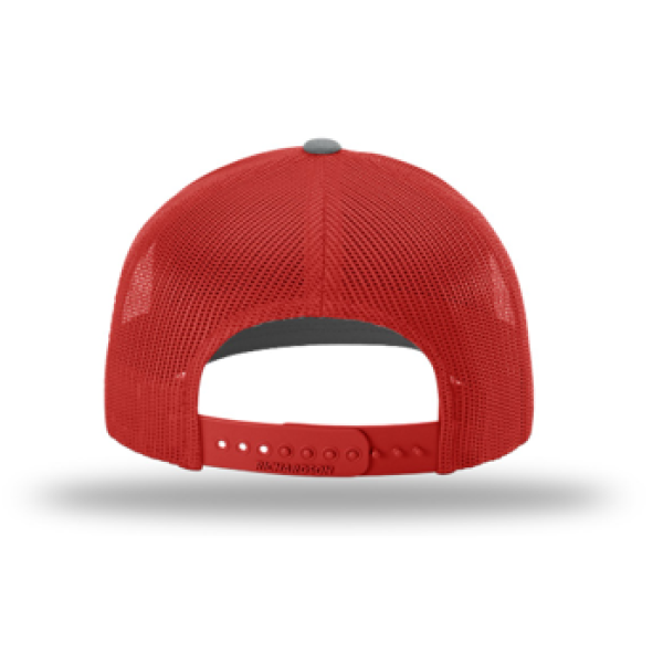 A red and grey hat with a white logo on it.