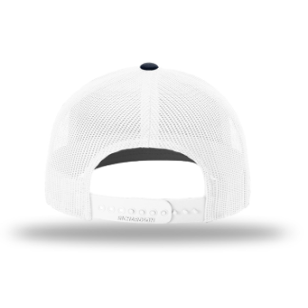 A white hat with a black and white logo on it