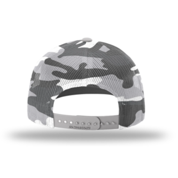 A white and black camouflage hat with a logo on it.