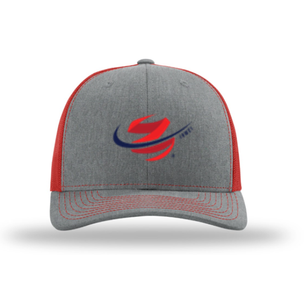 A gray and red hat with the logo of an aircraft company.